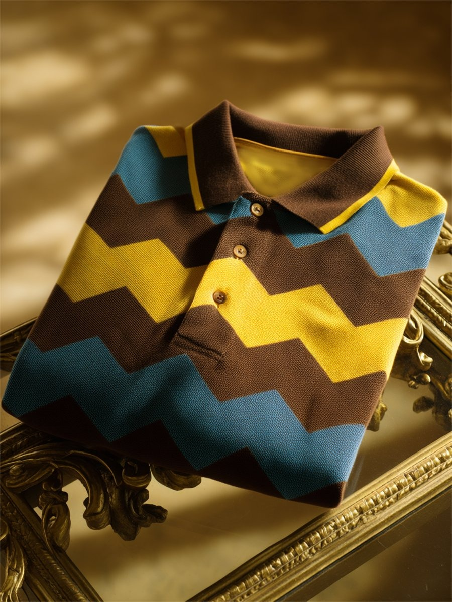 Men's Business Casual Chevron Stripe Button-Down Short Sleeve Polo Shirt
