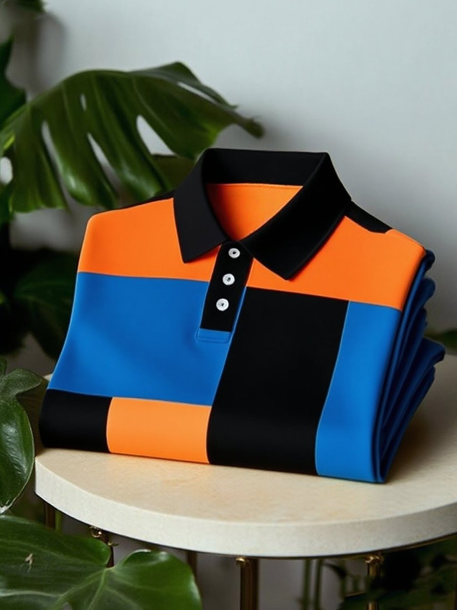 Men's Business Casual Colorblock Logo Button Short Sleeve Polo Shirt