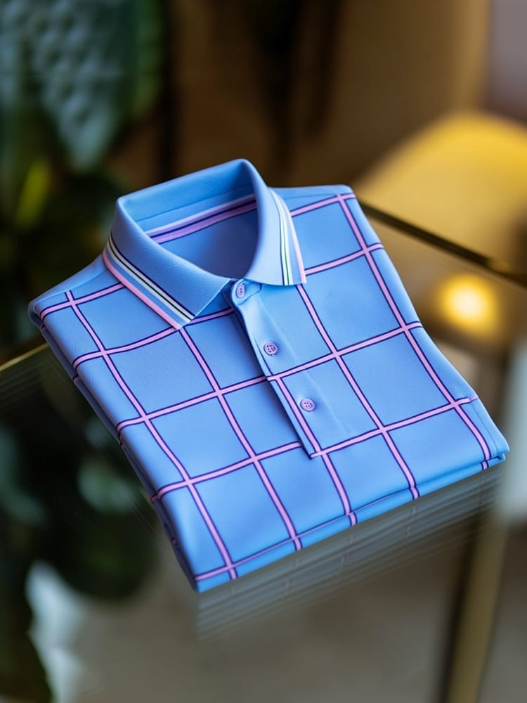 Men's Classic Business Check Logo Button Short Sleeve Polo Shirt