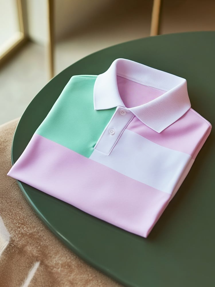Men's Classic Business Check Logo Button Short Sleeve Polo Shirt