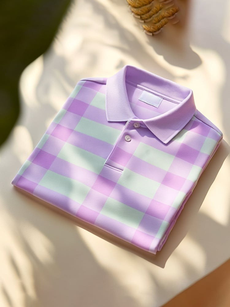 Men's Classic Business Check Logo Button Short Sleeve Polo Shirt