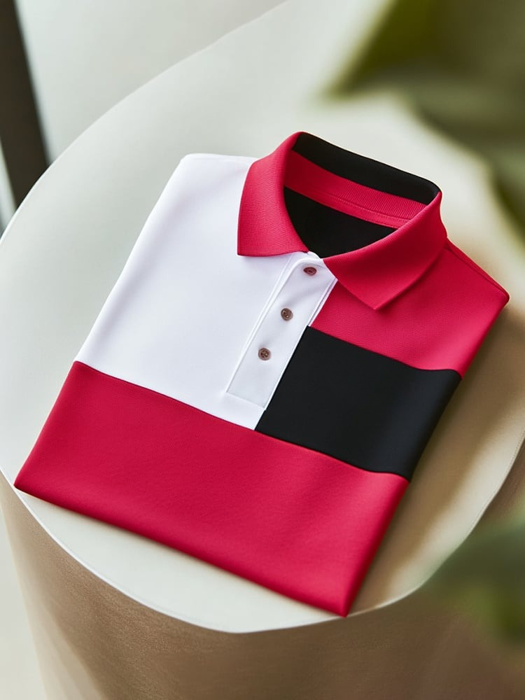Men's Classic Business Check Logo Button Short Sleeve Polo Shirt