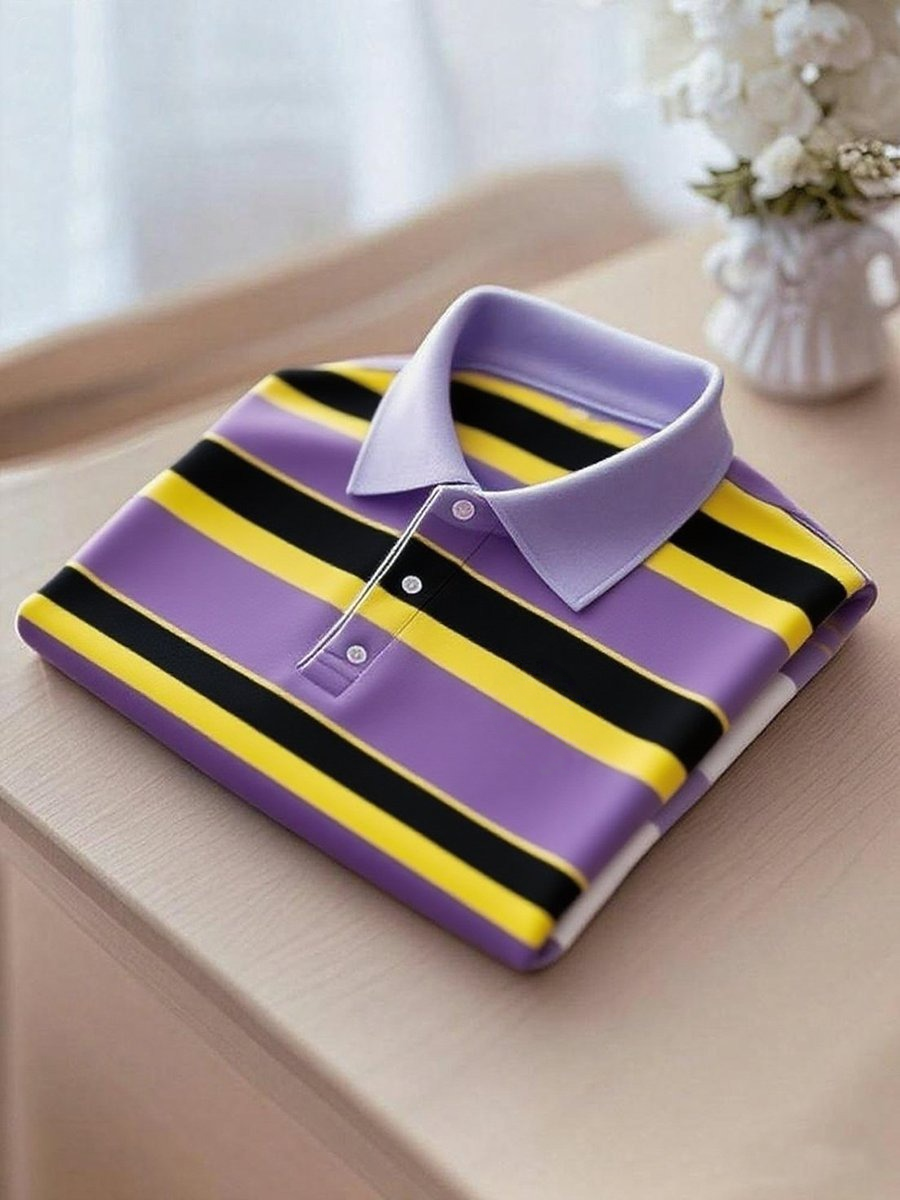 Men's Business Casual Purple, Black and Yellow Striped Logo Button Short Sleeve Polo Shirt