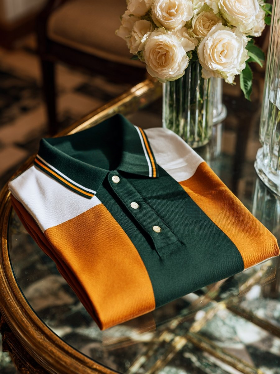 Men's Business Casual Orange and Green Colorblock Logo Button Short Sleeve Polo Shirt