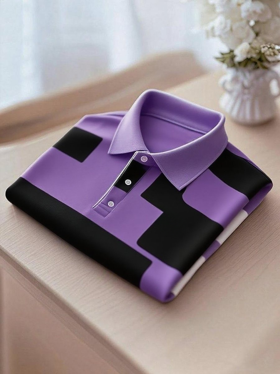 Men's Business Casual Purple and Black Logo Button Short Sleeve Polo Shirt