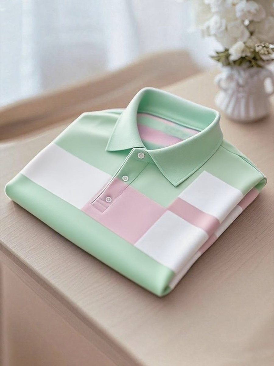 Men's Business Casual Green and Pink Logo Button Short Sleeve Polo Shirt