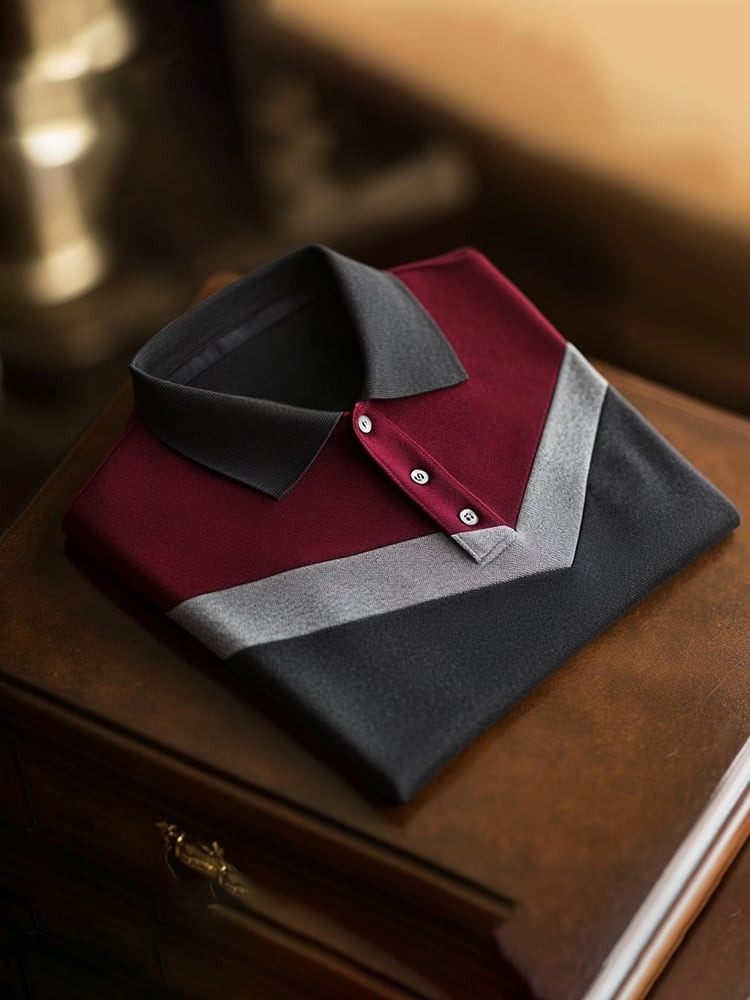 Men's Classic Business Check Logo Button Short Sleeve Polo Shirt