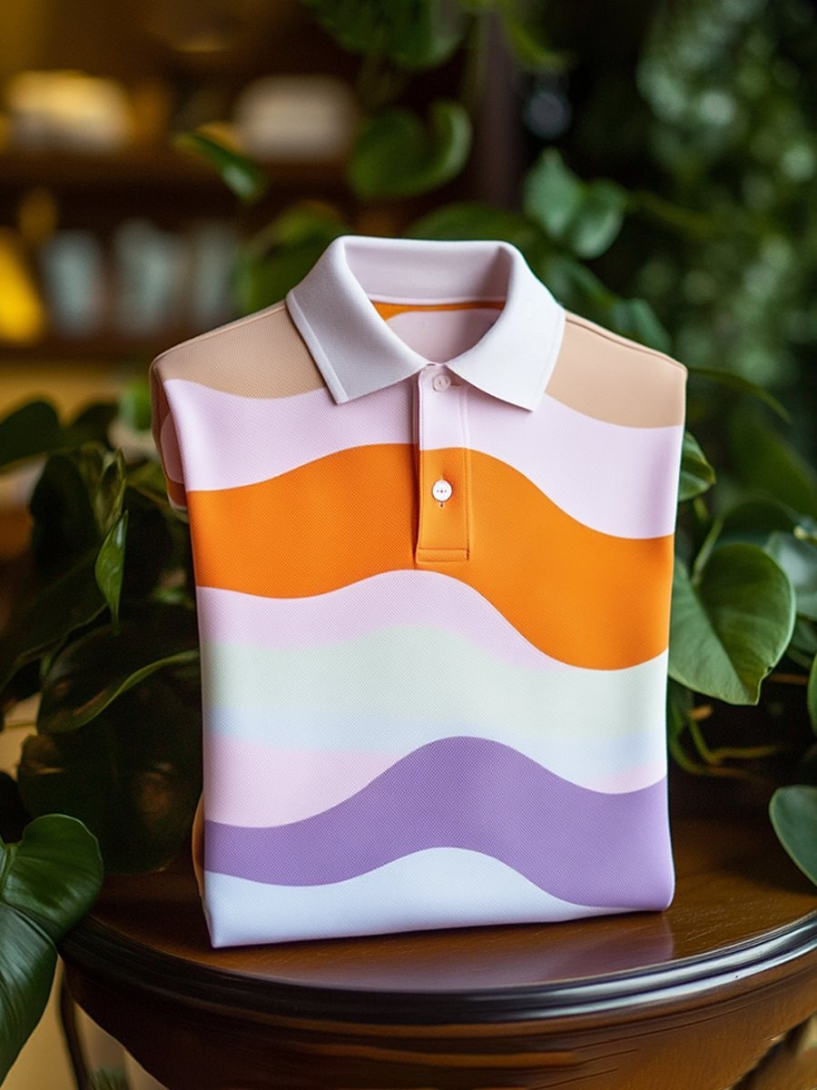 Men's Classic Business Wave Stripe Logo Button Short Sleeve Polo Shirt