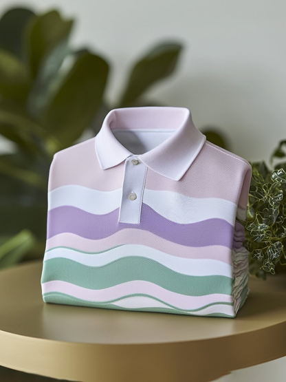 Men's Classic Business Wave Stripe Logo Button Short Sleeve Polo Shirt