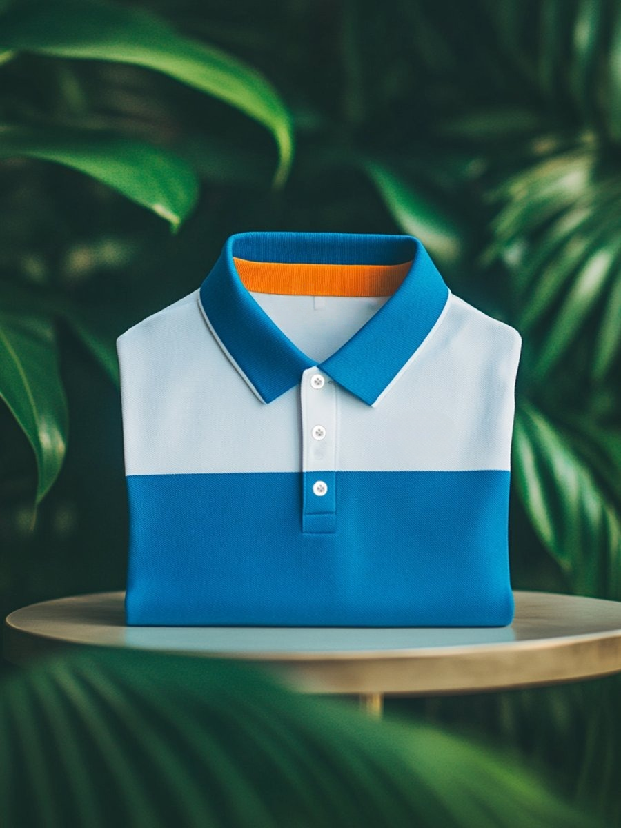 Men's Business Casual Blue and White Logo Button Short Sleeve Polo Shirt