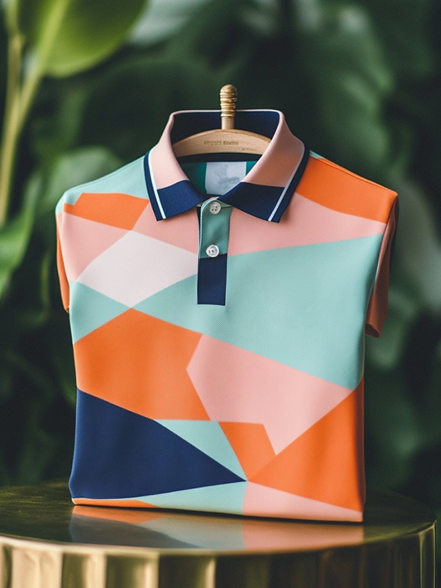 Men's Classic Business Geometric Colorblock Logo Button Short Sleeve P