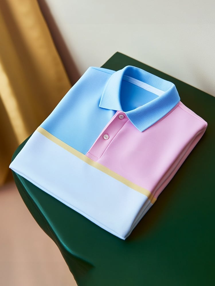 Men's Classic Business Check Logo Button Short Sleeve Polo Shirt