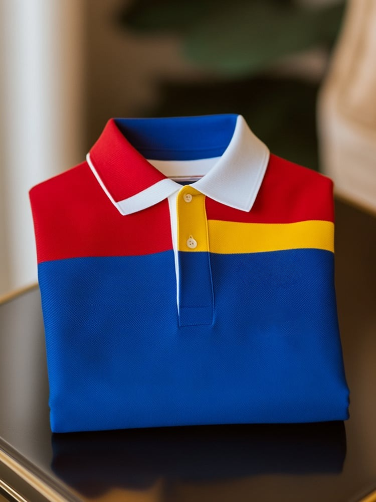 Men's Classic Business Check Logo Button Short Sleeve Polo Shirt