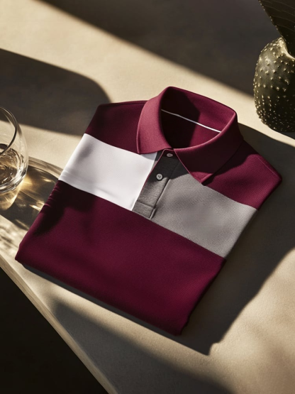 Men's Classic Business Check Logo Button Short Sleeve Polo Shirt