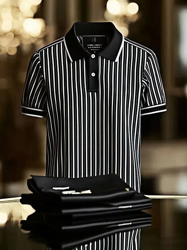 Men's Striped Business Logo Lapel Short Sleeve Polo Shirt