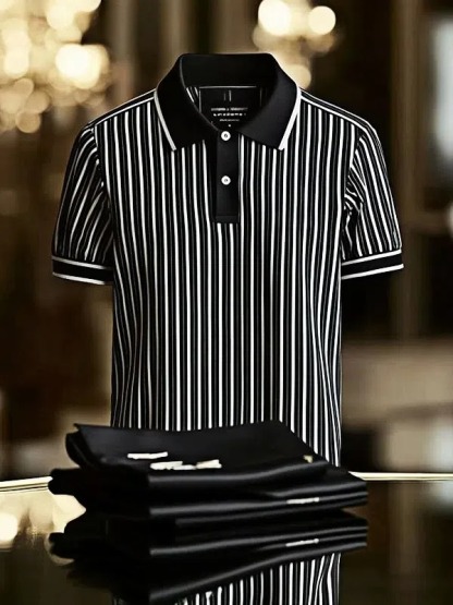 Men's Striped Business Logo Lapel Short Sleeve Polo Shirt