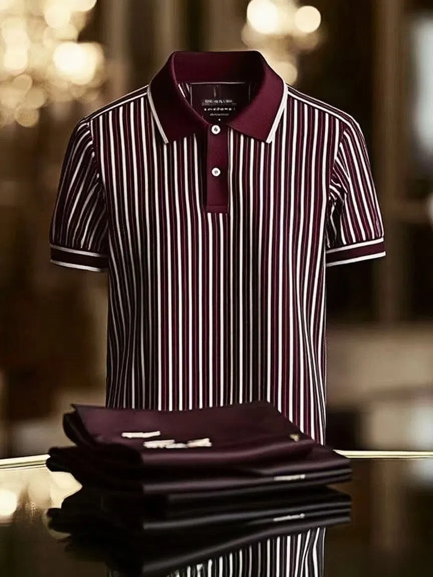 Men's Striped Business Logo Lapel Short Sleeve Polo Shirt