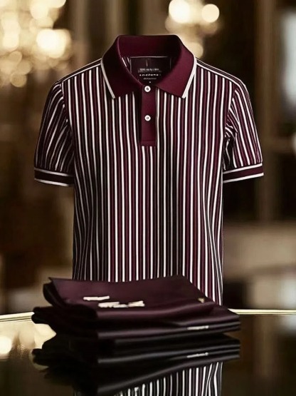 Men's Striped Business Logo Lapel Short Sleeve Polo Shirt