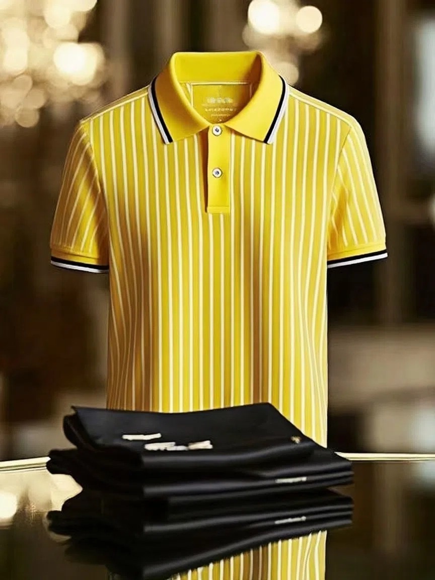 Men's Striped Business Logo Lapel Short Sleeve Polo Shirt
