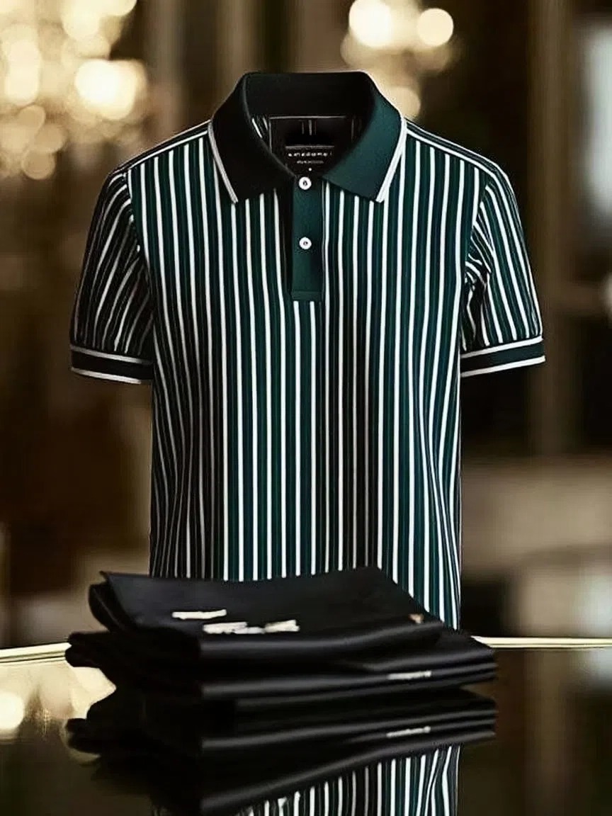 Men's Striped Business Logo Lapel Short Sleeve Polo Shirt