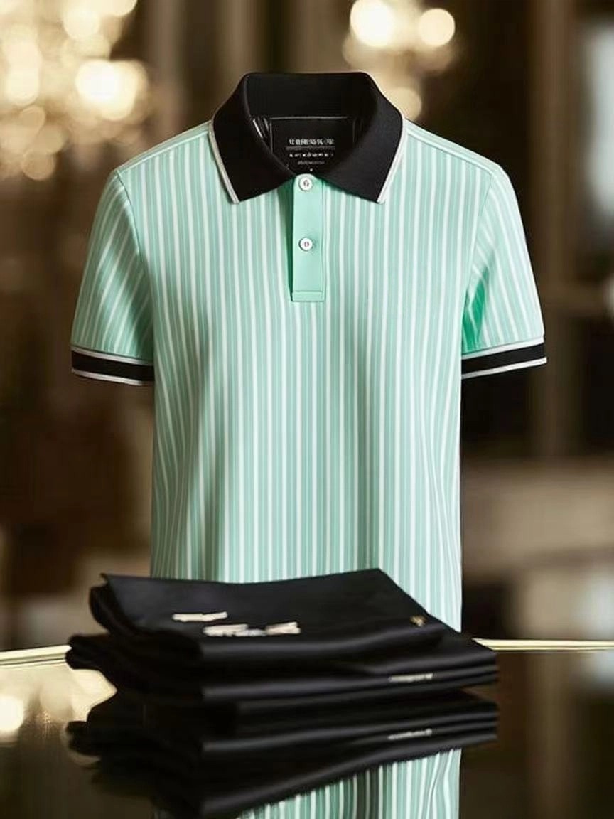Men's Striped Business Logo Lapel Short Sleeve Polo Shirt