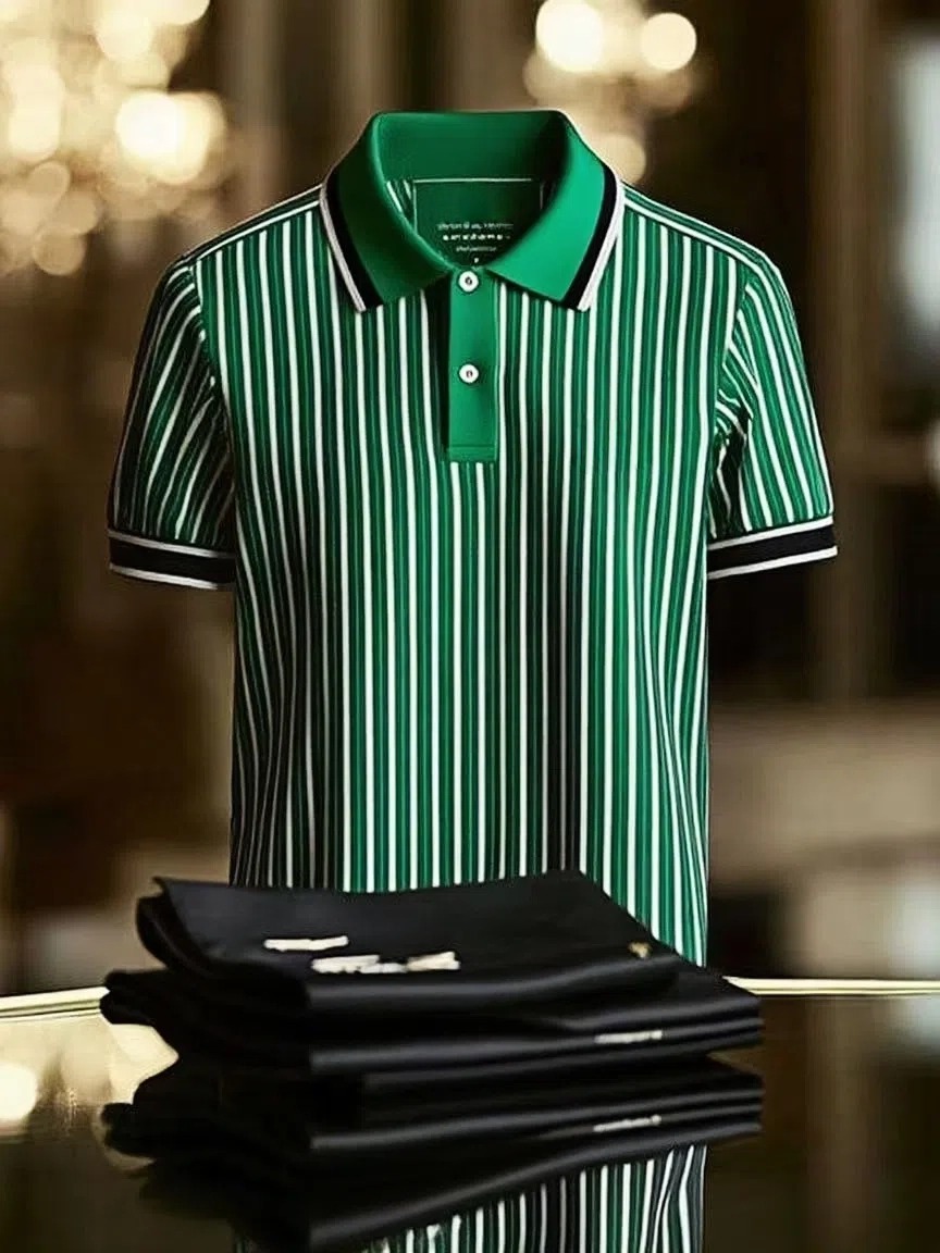 Men's Striped Business Logo Lapel Short Sleeve Polo Shirt