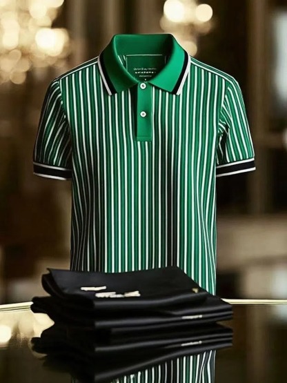 Men's Striped Business Logo Lapel Short Sleeve Polo Shirt