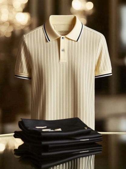 Men's Striped Business Logo Lapel Short Sleeve Polo Shirt