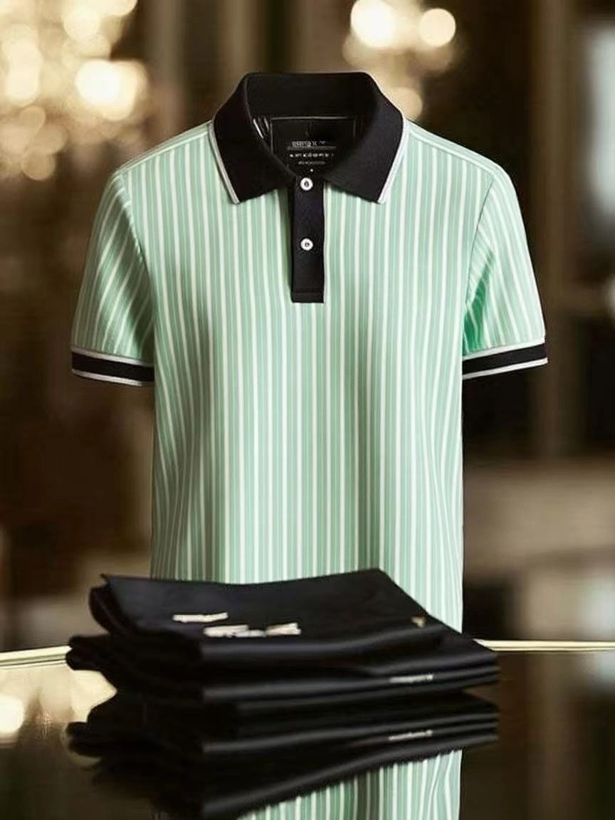 Men's Striped Business Logo Lapel Short Sleeve Polo Shirt