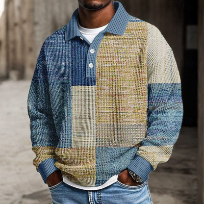Men's Color Block Geometic Waffle Polo Shirts