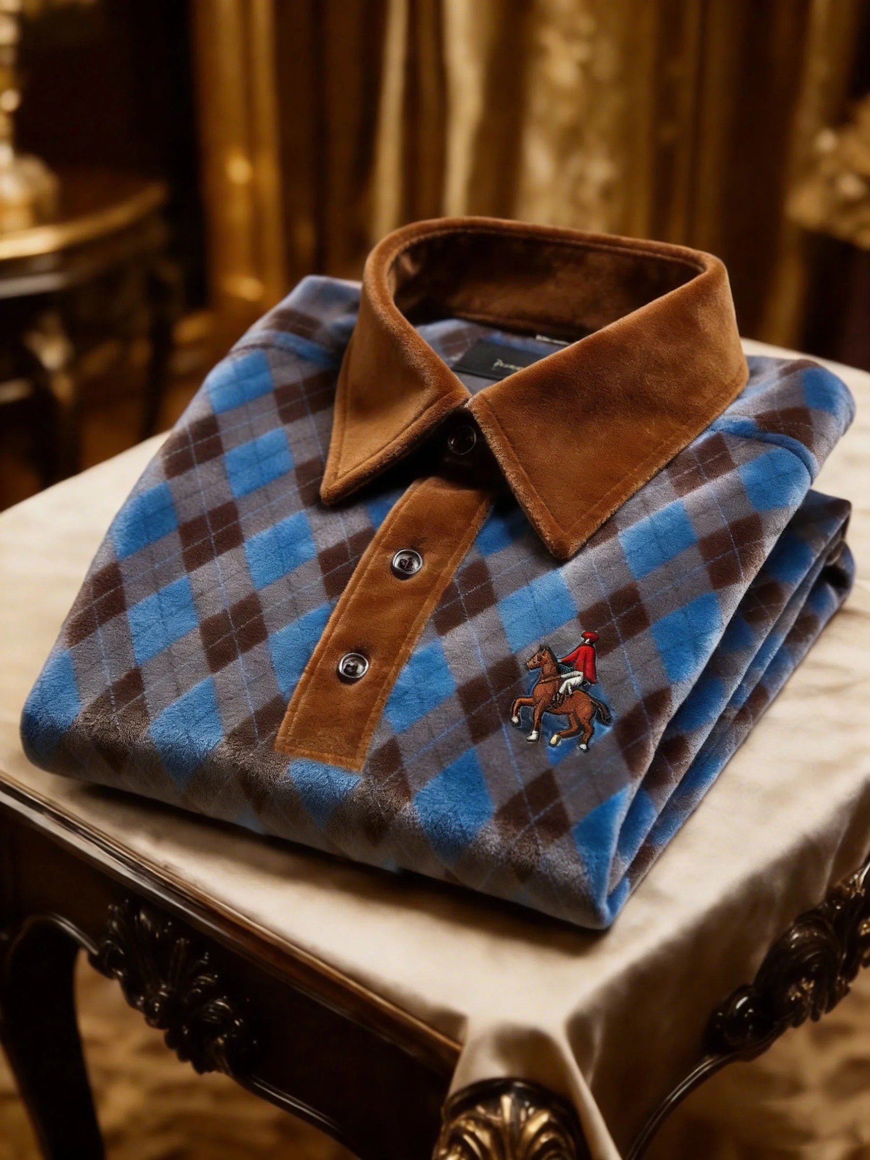 Men's Velvet Business Logo Print Long Sleeve Polo Shirt