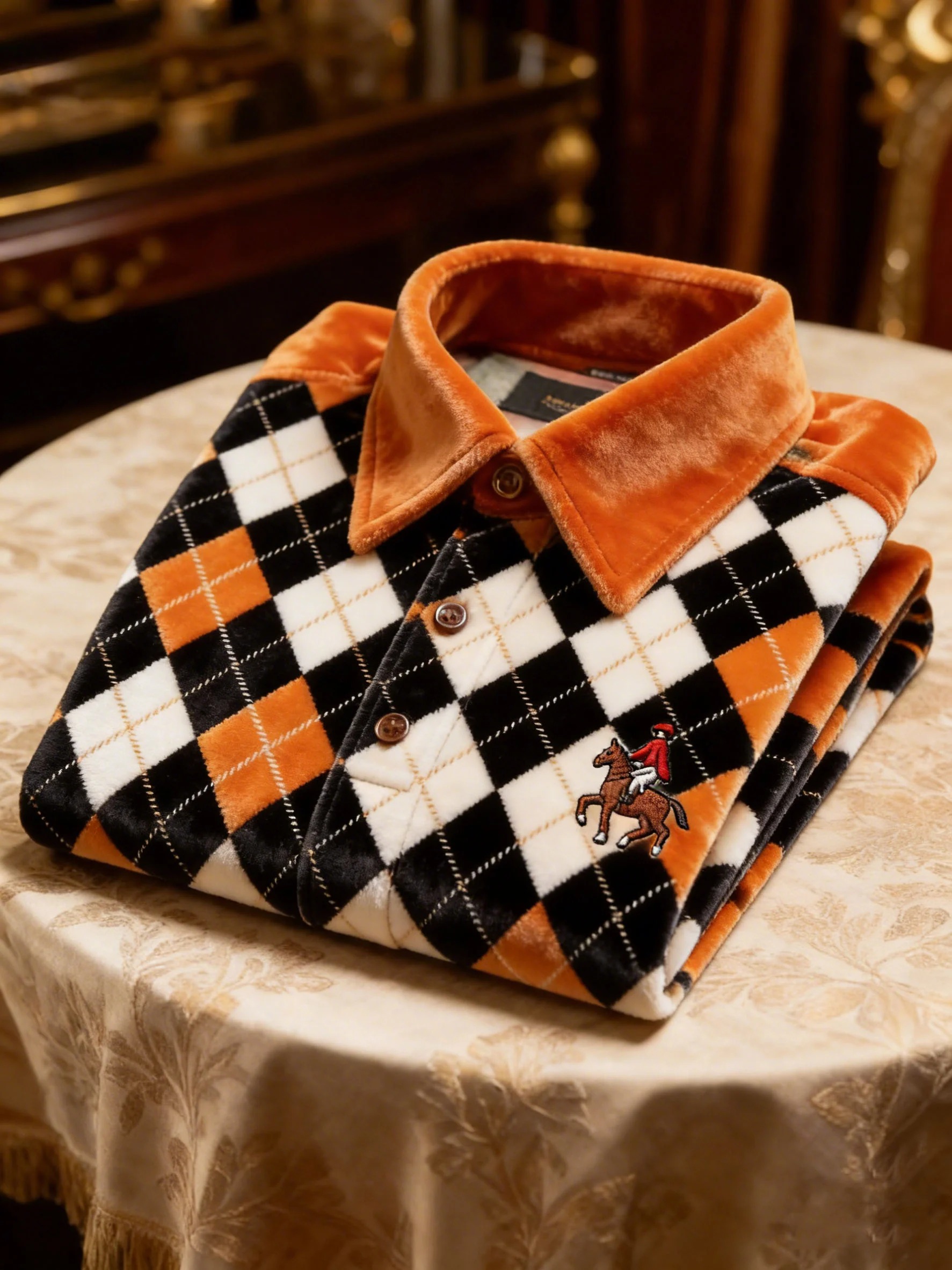 Men's Velvet Business Logo Print Long Sleeve Polo Shirt