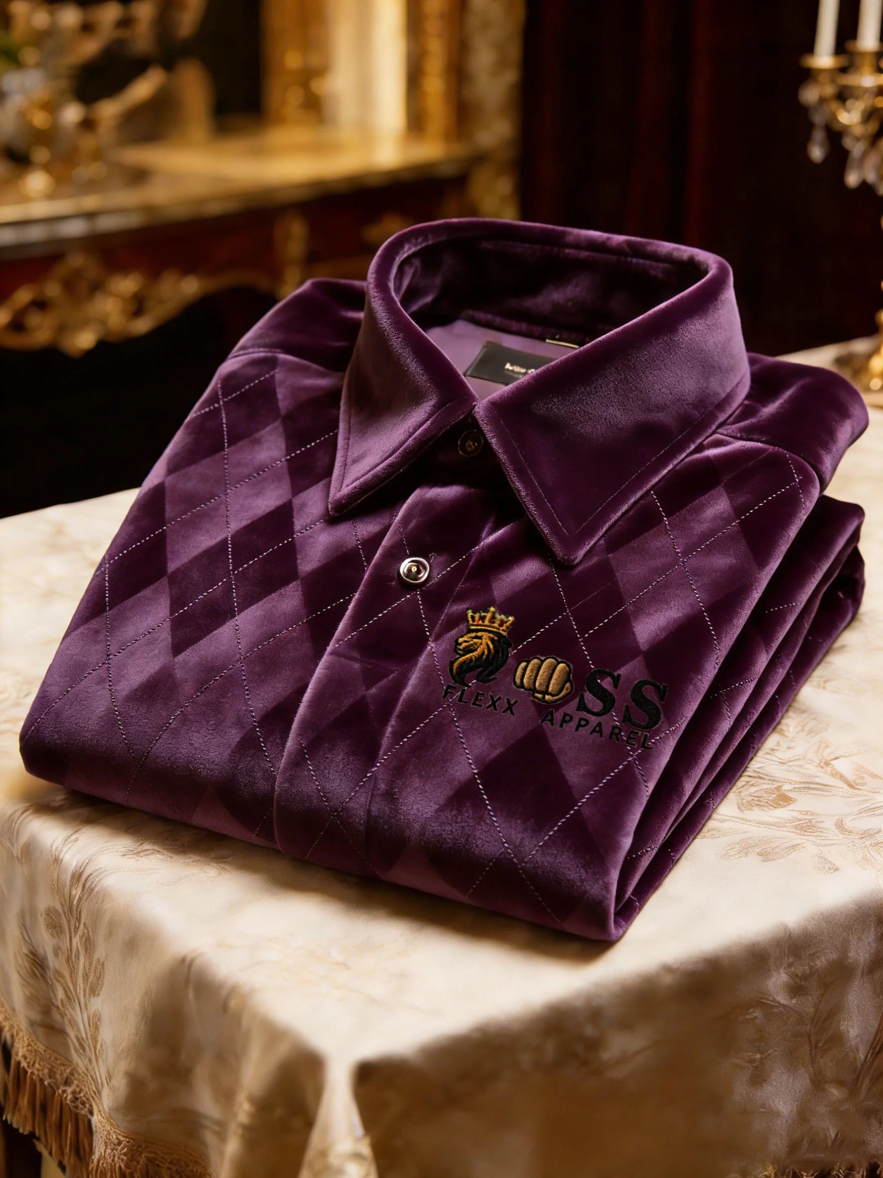 Men's Velvet Business Logo Print Long Sleeve Polo Shirt