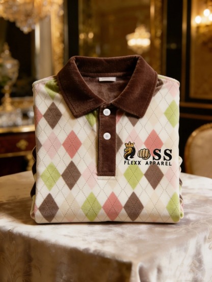 Men's Velvet Business Logo Print Long Sleeve Polo Shirt