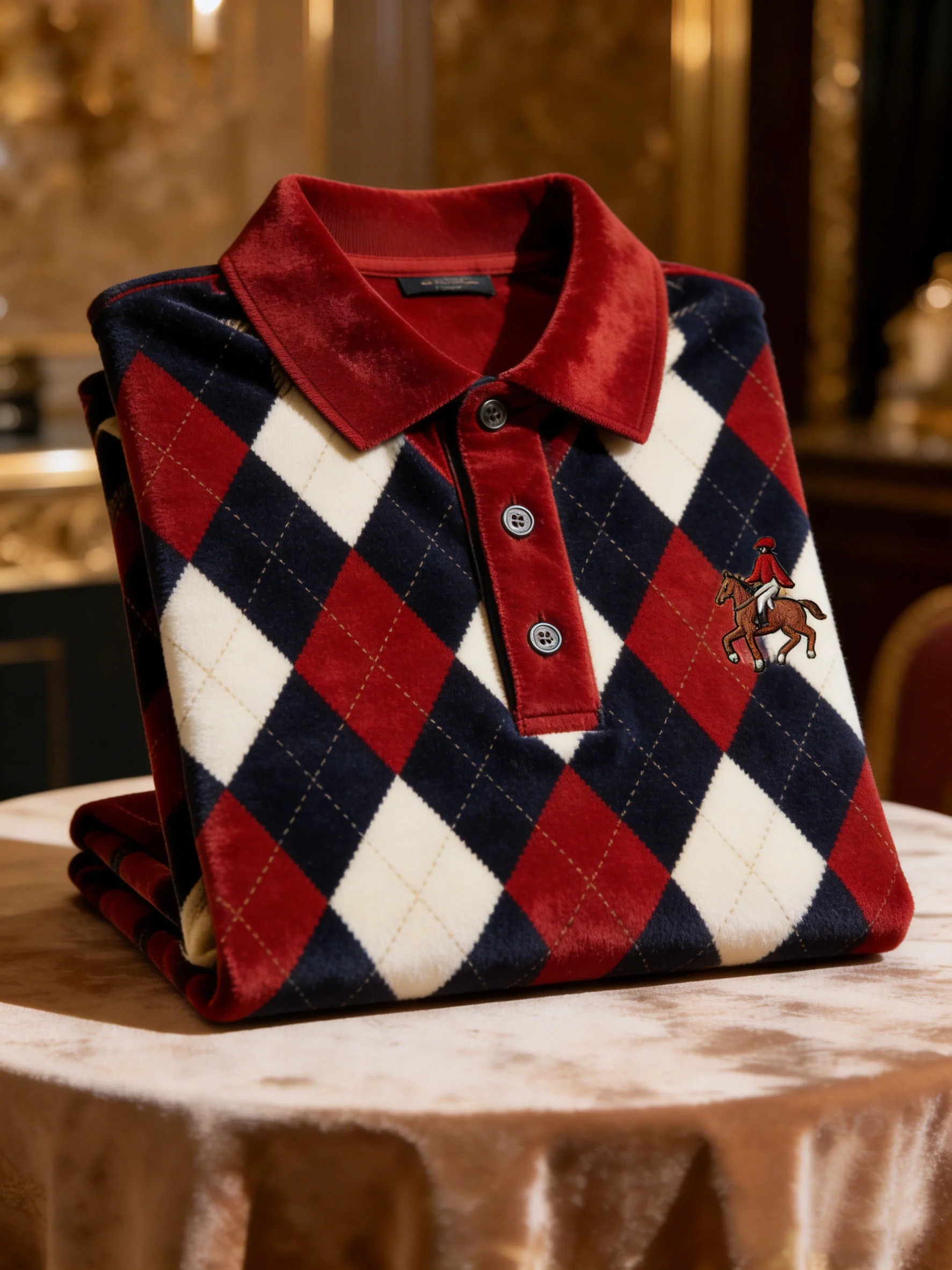 Men's Velvet Business Logo Print Long Sleeve Polo Shirt