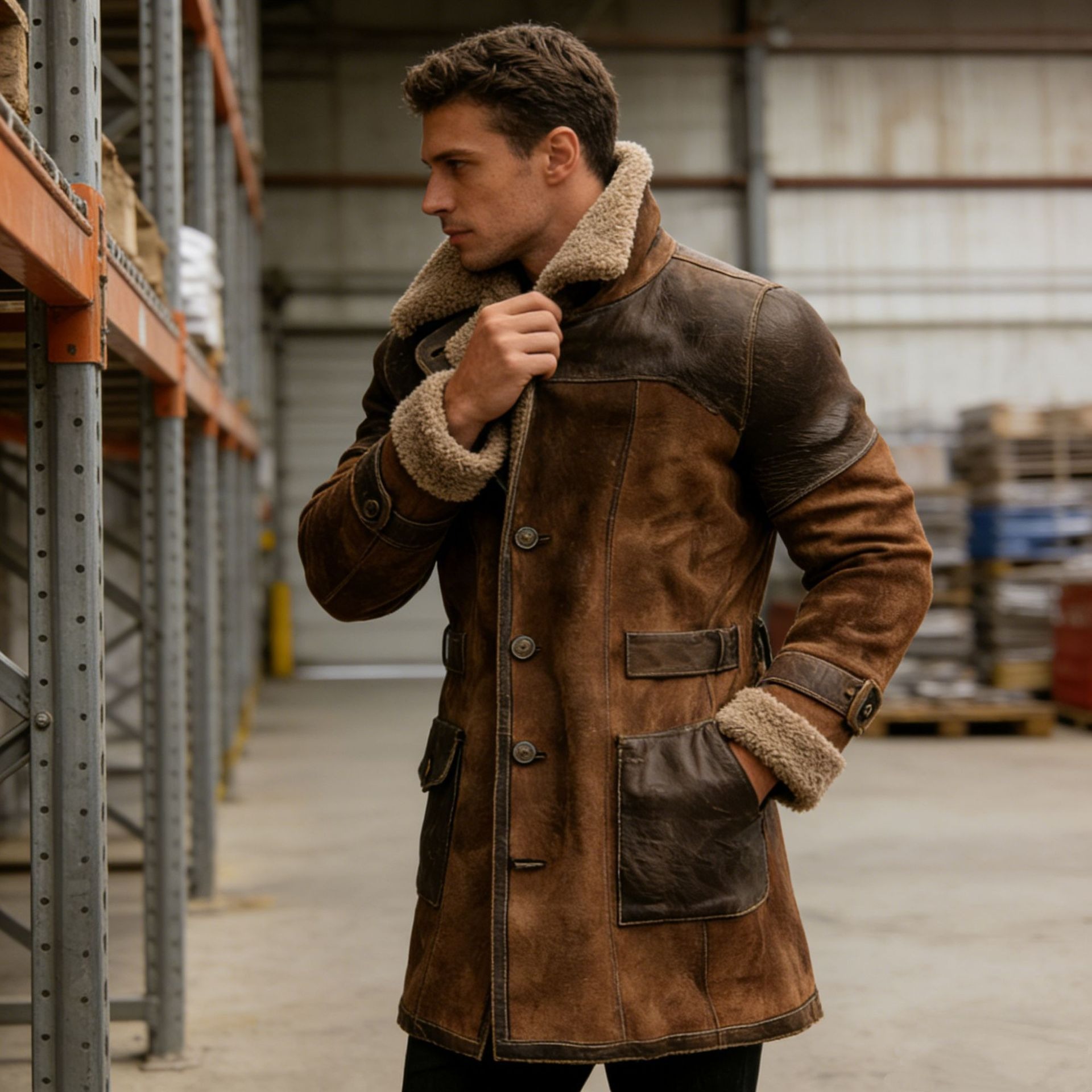 Men's retro patchwork suede overcoat