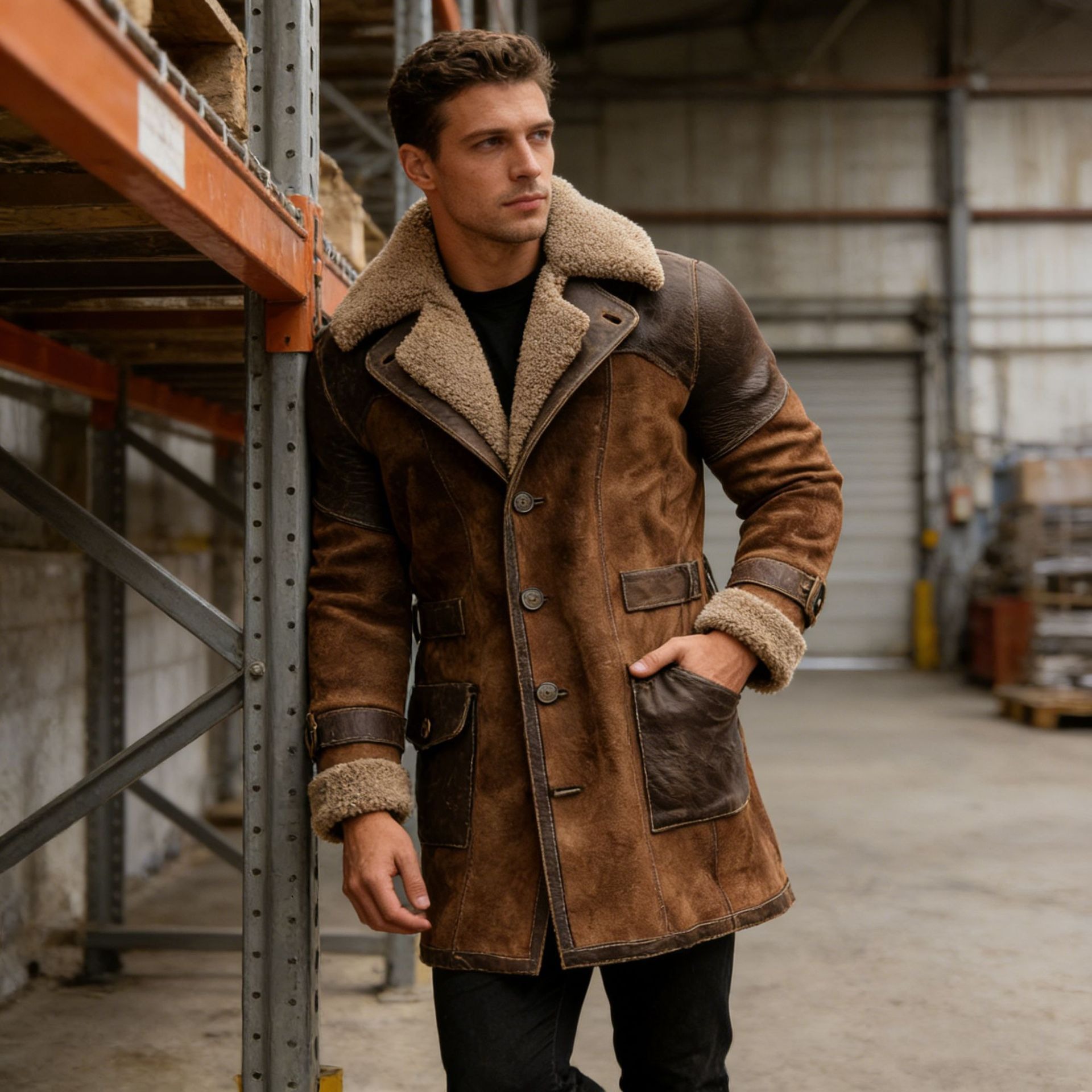 Men's retro patchwork suede overcoat