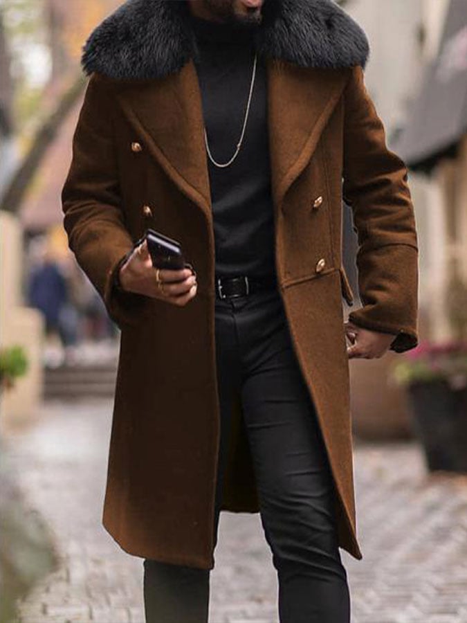 men's retro fur collar mid-length coat