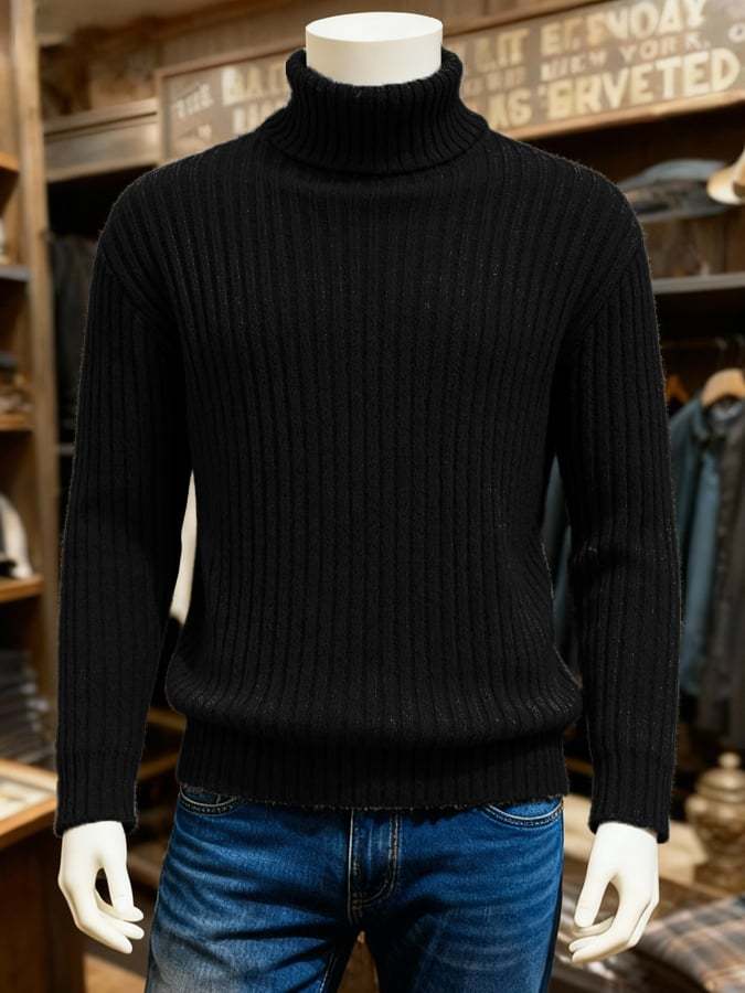 Men's Retro Warm Ribbed Turtleneck Long Sleeve Sweater