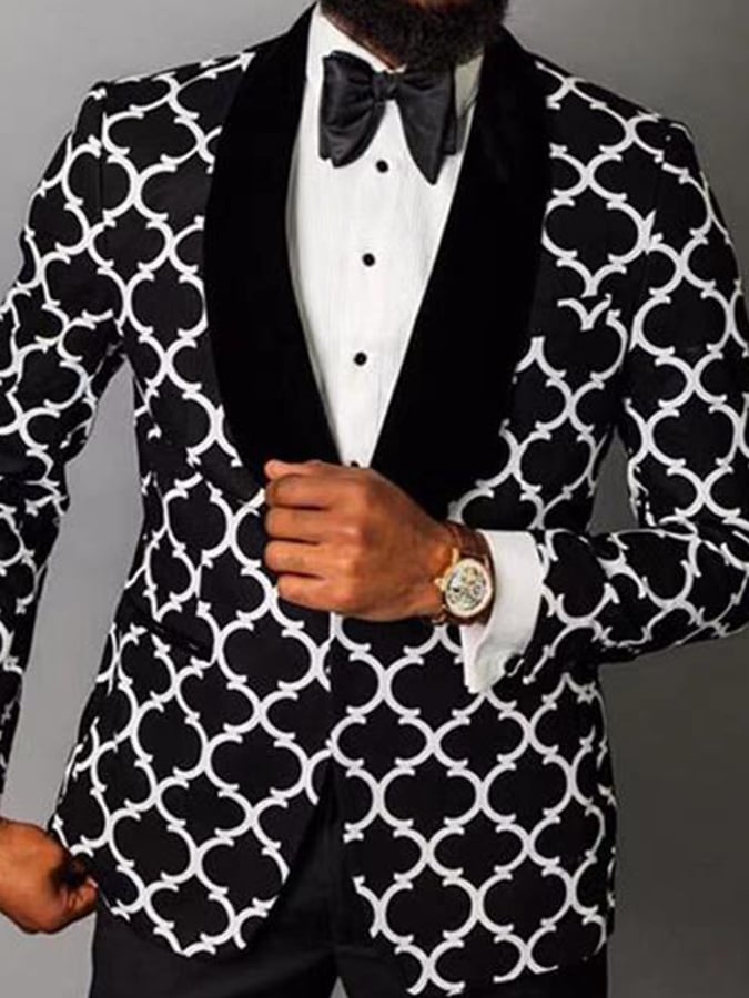 Men's Stylish Contrast Color Printed One-Button Slim-Fit Blazer