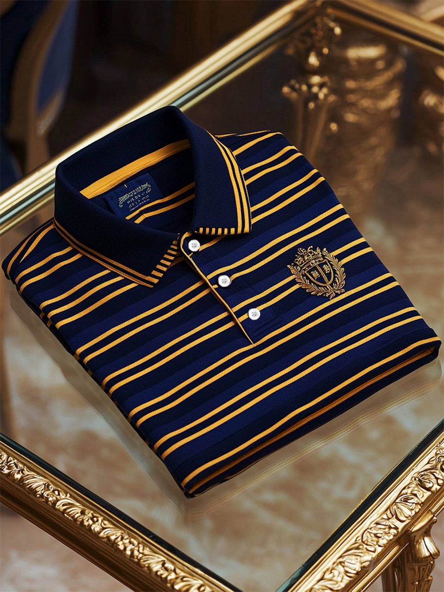 Men's Business Casual Striped Logo Button Short Sleeve Polo Shirt