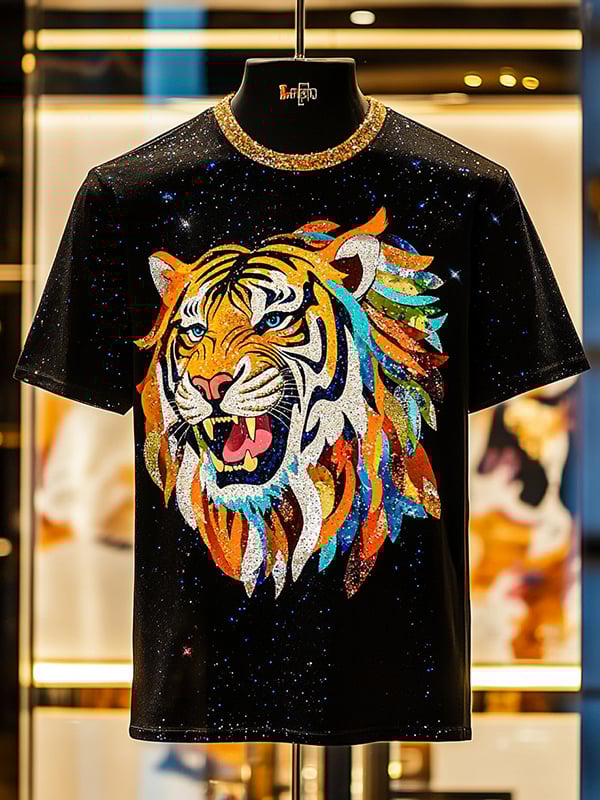 Men's Tiger Sequin Business Print Short Sleeve T-Shirt