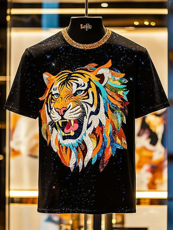 Men's Tiger Sequin Business Print Short Sleeve T-Shirt