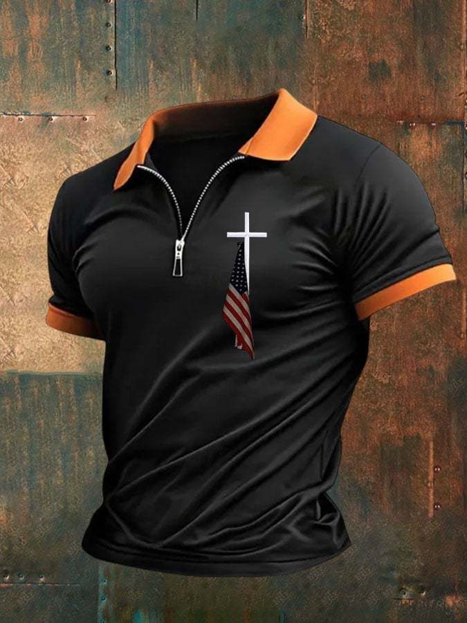 Men'S Flag Cross Print Polo Shirt