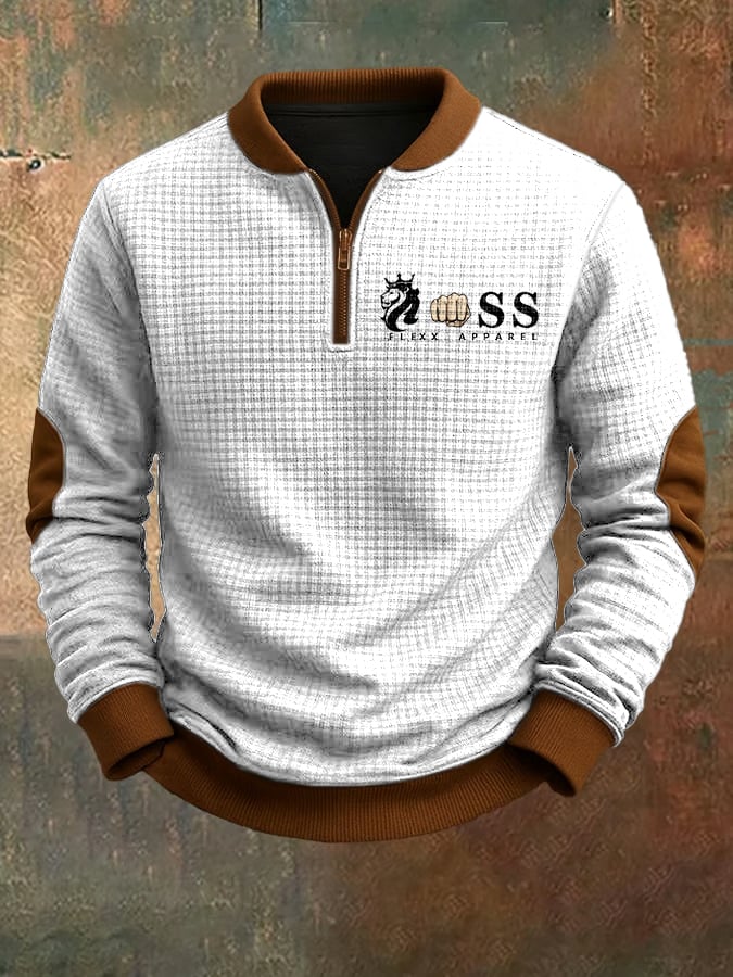 Men's Retro Letter Design Jacquard Fabric Zipper Stand Collar Sweatshirt