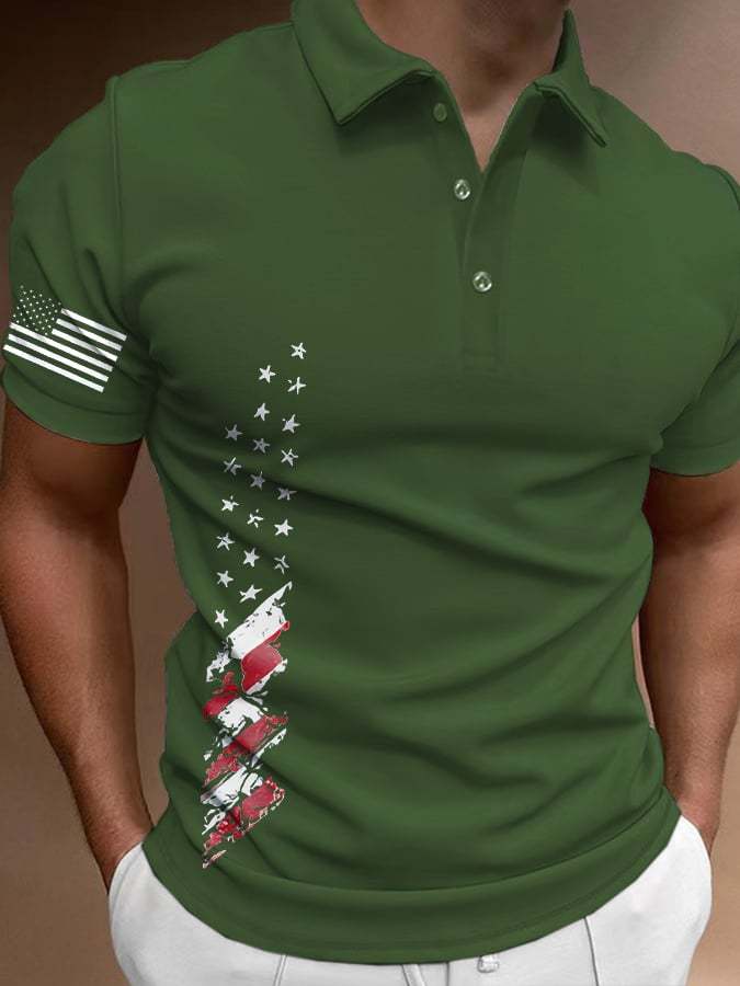 Men's Retro Flag Print Casual Polo Shirt