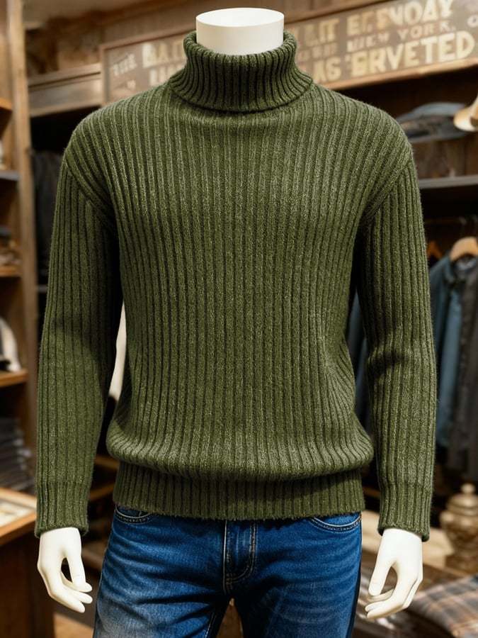 Men's Retro Warm Ribbed Turtleneck Long Sleeve Sweater
