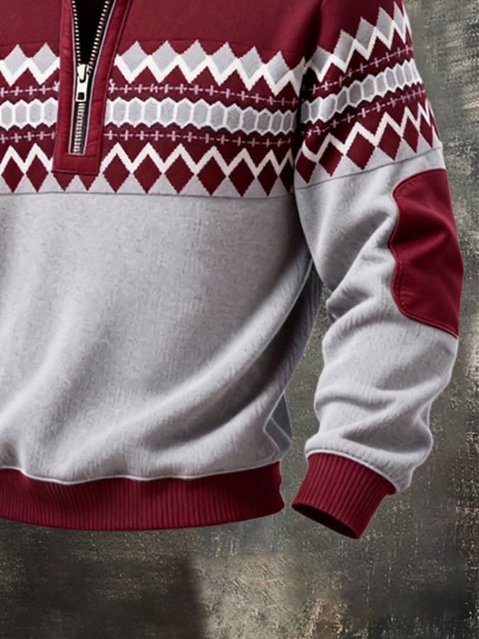 Men's Retro Color Block Print Zipper Sweatshirt