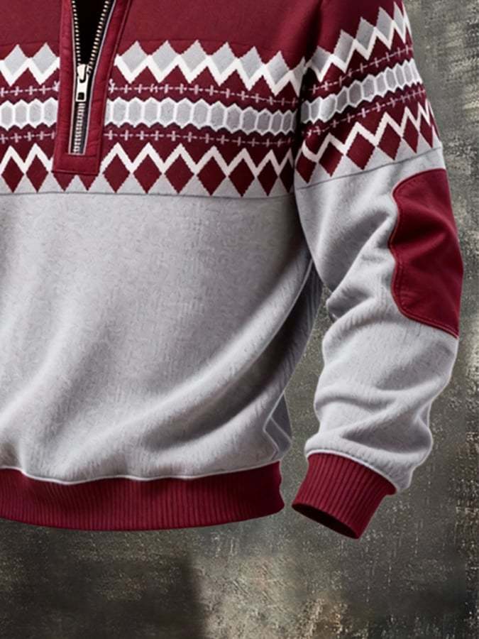 Men's Retro Color Block Print Zipper Sweatshirt