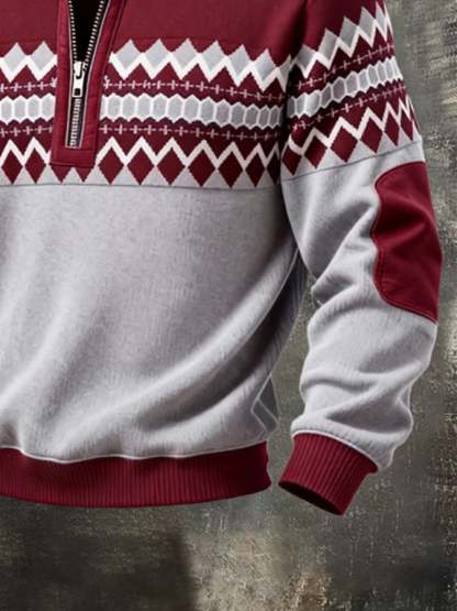Men's Retro Color Block Print Zipper Sweatshirt